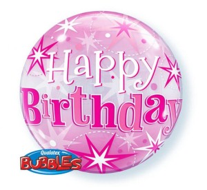 Balon foliowy 22" QL Bubble Poj. "Happy Birthday gwiazdki  różowy"