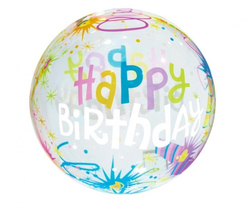 Balon Aqua - kryształowy, Happy Birthday (świece), 18"
