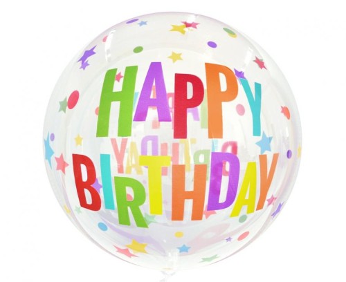 Balon Aqua - kryształowy, Happy Birthday (gwiazdy), 20"