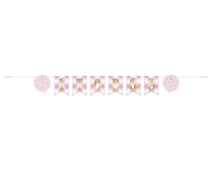 Banner papierowy Gingham 1st Birthday, różowy, 183 cm