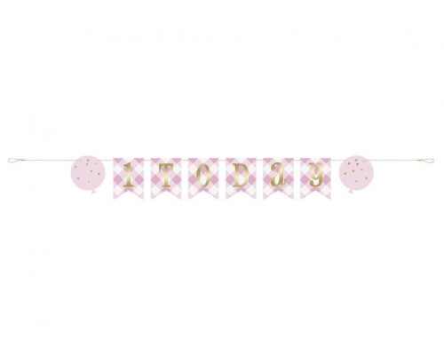 Banner papierowy Gingham 1st Birthday, różowy, 183 cm