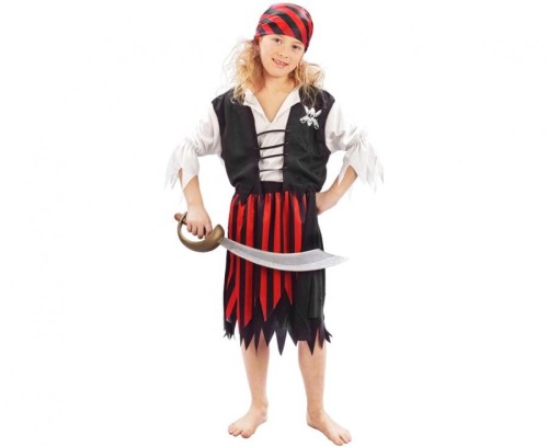 #STDZ Zestaw dla dzieci Pasiasta Piratka (bluzka z kamizelką, spódnica, pasek, chusta), rozm.130/140 cm
