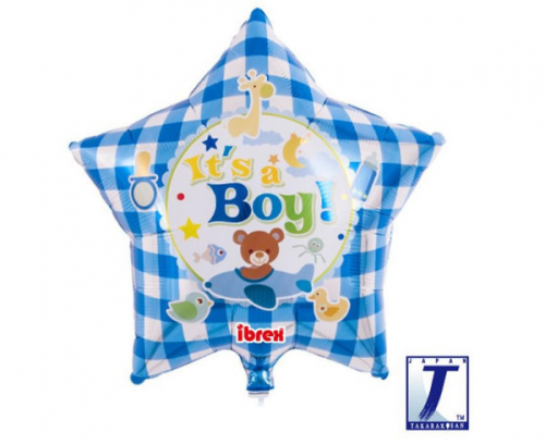 Balon Ibrex Hel, gwiazda 15, It’s A Boy Bear Gingham Blue, packed