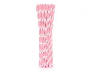 Rurki (słomki) pap. jasnoróżowe w białe groszki, 6x197mm / 24 szt.