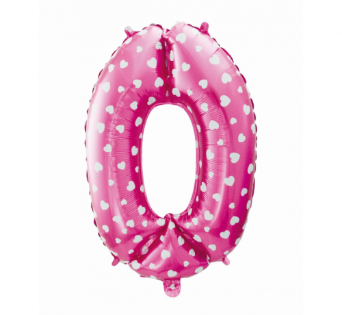 Balon foliowy Cyfra 0, różowa w serca, 61 cm