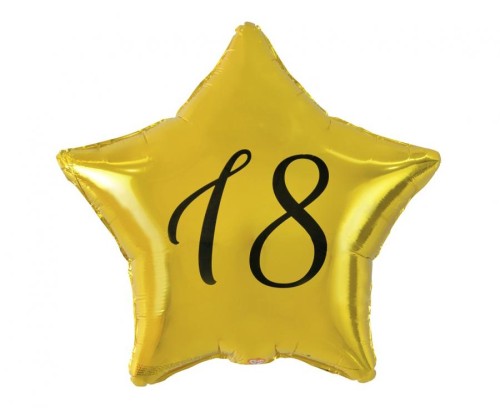 Balon foliowy "18" gwiazda złota, nadruk czarny, 19"