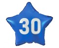 Balon foliowy "30" gwiazda niebieska, nadruk biały, 19"