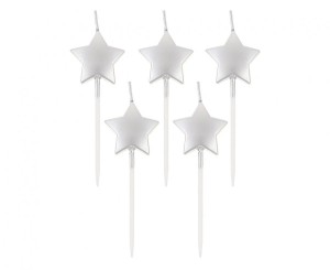 Świeczki pikery Gwiazdki, metaliczne srebrne, 5 szt.