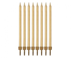 Świeczki urodzinowe B&C z podstawkami, złote, 10 cm, 8 szt.