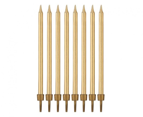 Świeczki urodzinowe B&C z podstawkami, złote, 10 cm, 8 szt.