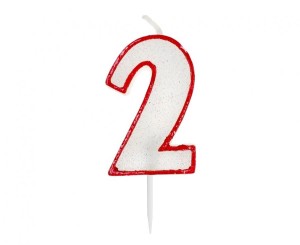 Świeczka cyferka z brokatem, czerwony kontur "2", 6 cm