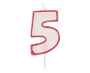 Świeczka cyferka z brokatem, czerwony kontur "5", 6 cm