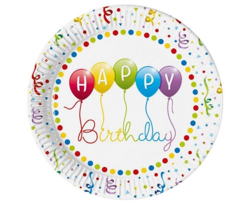 Talerzyki papierowe Happy Birthday Streamers,  next generation, 23 cm, 8 szt. (plastic-free)