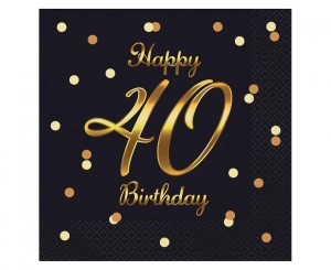 Serwetki B&C Happy 40 Birthday, czarne, nadruk złoty, certyfikat FSC, 33x33 cm/ 20 szt.