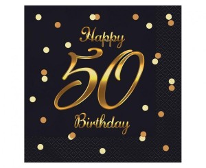 Serwetki B&C Happy 50 Birthday, czarne, nadruk złoty, certyfikat FSC, 33x33 cm/ 20 szt.