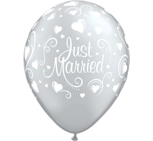 Balon QL 11" z nadr. "Just Married i serca", metalik perłowy / 6 szt.