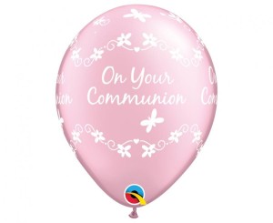 Balon QL 11" z nadr. "On Your Communion", metalik różowy / 25 szt.