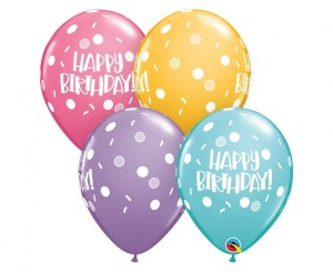 Balon QL 11" z nadr. "Happy Birthday - Dots & Sprinkles", pastel mix / 25 szt.