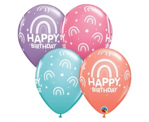 Balon QL 11" z nadr. "Happy Birthday - Boho Rainbows", pastel mix / 25 szt.