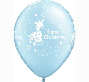 Balon QL 11" z nadr. "Happy Christening Soft Giraffe", pastel niebieski / 6 szt.KK