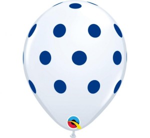 Balon QL 11" z nadr. "Niebieskie grochy", pastel biały / 25 szt.