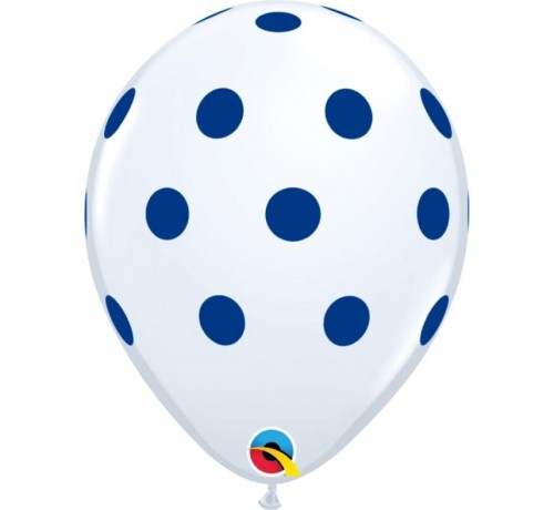 Balon QL 11" z nadr. "Niebieskie grochy", pastel biały / 25 szt.