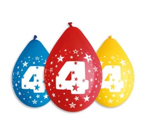 Balony 12" z nadr. "4", pastel mix / 5 szt. (wiszące)