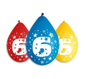 Balony 12" z nadr. "6", pastel mix / 5 szt. (wiszące)