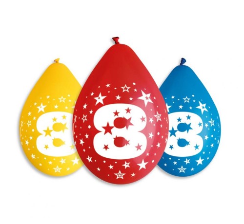 Balony 12" z nadr. "8", pastel mix / 5 szt. (wiszące)