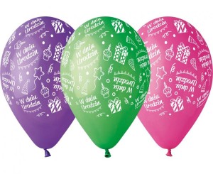 Balony Premium "W Dniu Urodzin", kolorowe, 12" / 5 szt.