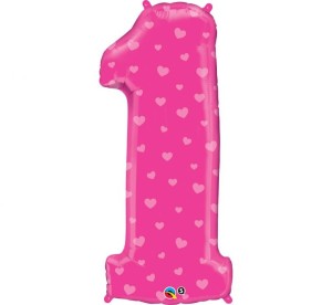 Balon foliowy 38" QL "Number 1", różowa w serduszka