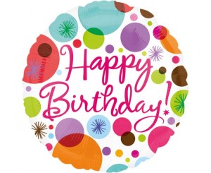 Balon foliowy 18" CIR Happy Birthday - kolorowe grochy, zapakowany