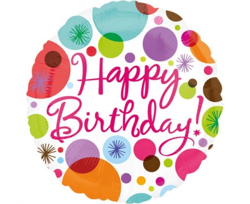 Balon foliowy 18" CIR Happy Birthday - kolorowe grochy, zapakowany